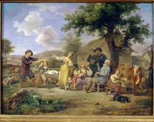 Talonpoikien juhlat. Anonyymi maalaus, öljy kankaalle, 1700-luvun toinen puoli. 1700-luvun venäläinen taide. Valtion Tretjakovin galleria, Moskova.