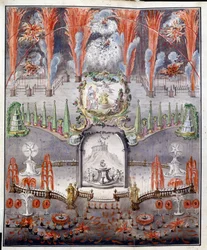 Ilotulitus ja juhlavalaistus 17. syyskuuta 1747 Gostilitsyssä (Venäjä). Tuntemattoman tekijän teos, vesivärein väritetty kuparikaiverrus, 1700-luvun puoliväli. Venäläinen taide