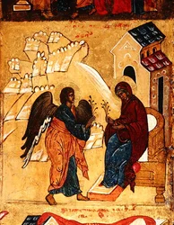 Ikoni, joka kuvaa Marian ilmestystä, n. 1550 (tempera ja kultalehti paneelissa) (314500:n yksityiskohta)