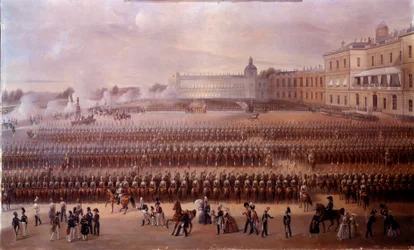 Paavali I:lle omistetun muistomerkin vihkiminen käyttöön vuonna 1852 Nikolai I:n (Venäjä) hallinnon alaisuudessa Gatšinassa. Venäläisen koulun maalaus. Pietari, Chateau De Peterhof