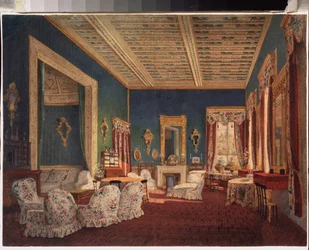 Denezhnikovon kartanon sisustus. Venäläisen mestarin maalaus, öljy kankaalle, 1800-luvun puoliväli. venäläistä taidetta. Historian ja taiteen museo, Ramenskoje (Venäjä).
