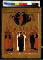 ""Kristuksen taivaaseenastuminen"" venäläinen ikoni. Maalausta puulle 1500-luvulta. Alueellinen taidemuseo, Arkangeli