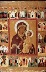 Tikhvin neitsyt ihmeiden kanssa (The Tikhvin Virgin With The Wonders). Venäjän ikoni, 1600-luvun alku. venäläistä taidetta. Chuvashin tasavallan valtion taidemuseo, Cheboksary (Chuvashia).