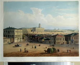 Moskovan rautatieasema. Venäläisen mestarin maalaus. Öljy kankaalle, noin 1830-1840. 1800-luvun venäläinen taide. A. Pushkinin muistomuseo, Pietari.