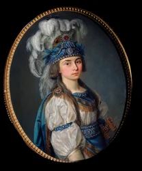 Näyttelijä ja laulaja Praskovia Zhemchugova (1768-1803), Elianena, Andre Ernest Modesten (Andre-Ernest-Modeste) Gretryn (1741-1813) oopperaan "Les Mariages samnites". Venäläisen mestarin maalaus, öljy kankaalle, loppu 1780. Venäläistä lavastustaidetta