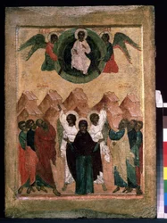 ""Kristuksen taivaaseenastuminen"" venäläinen ikoni. Maalausta puulle 1500-luvun alusta. Alueellinen taidemuseo, Arkangeli