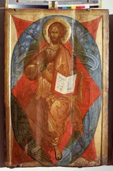 Kristus Majesteetissa, Maailman Vapahtaja (Kristus Majesteetissa, Maailman Vapahtaja). Jeesus Kristus majesteettisuudessa (kirkkaudessa) mandorlassa tekemässä siunauksen merkkiä. Venäläinen ikoni, tempera puulla, 1500-luvun alku, taidetta Rostov Suzdalista