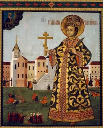 Tsarevitš Demetrius (1582-1591) (tai Moskovan Dimitri, Uglichin kaupungin edessä, Venäjällä). Anonyymi maalaus, tempera puulle
