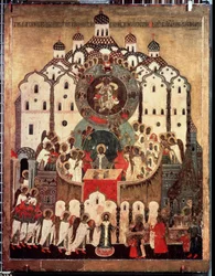 ""Liturgia. Arkkienkelien synaxis"" Venäjän ikoni. Maalausta puulle 1500-luvulta. Valtion Tretjakovin galleria, Moskova