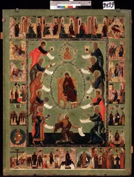 Neitsyen ylistykset (Neitsyen kirkkaus). Venäläinen ikoni, tempera puulla