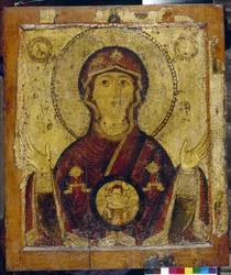 Notre Dame du Signe - Icone russe, tempera sur bois (73,4x64 cm), debyytti 13eme siecle - (Our Lady of the Sign, Tempera paneelissa, venäläinen ikoni, 1200-luvun alku) - Valtion Tretjakovin galleria, Moskova