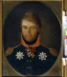 Muotokuva Dmitri Petrovitš Neverovski (1771-1813). Venäläinen sotilasupseeri, hän on pukeutunut univormuun ja kunniamitaleihinsa, mukaan lukien Pyhän Yrjön risti (valkoinen risti oranssilla ja mustalla nauhalla), Pyhän Vladimirin ritarikunnan mitali (risti