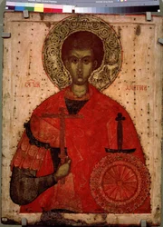 Muotokuva Pyhästä Demetrioksesta Tessalonikalaisesta, 4. vuosisadan kristitystä marttyyrista. 1400-luvun venäläinen ikoni. Tempera puulla. Pietari, Venäjän valtionmuseo