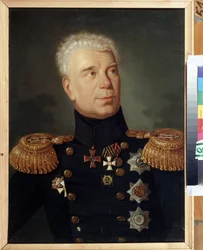 Muotokuva tutkimusmatkailija amiraali Ivan (Adam) Krusenstern (1770-1846) (Muotokuva tutkimusmatkailija amiraali I. Krusenstern). öljy kankaalle, noin 1850, 1800-luvun venäläistä taidetta. Valtion laivaston keskusmuseo, Pietari.
