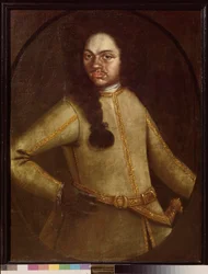 Pierre I:n (1672-1725) rykmentin värvättyjen univormussa pukeutuneen miehen muotokuva. Nimetön maalaus, öljy kankaalle, 1700-luvun alku. venäläistä taidetta. Valtion keramiikkamuseo ja maatila 1700-luvulta. Kustovo, Moskova.