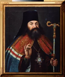 Muotokuva runoilija Theofan (Feofan) Prokopovich (Theophane Prokopovitch) (1681-1736), teologi ja Novgorodin (Venäjä) arkkipiispa. Venäläisen mestarin maalaus, öljy kankaalle, 1700-luvun puoliväli. Venäjän valtion kirjallisuuden ja taiteen arkisto, Moskova