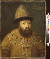 Venäjän tsaari Aleksis I Mihailovitš (1629-1676) muotokuva. Venäläisen mestarin maalaus, öljy kankaalle, 1600-luvun loppu. Muinainen venäläinen taide. M. Kroshitsky Art Museum, Sevastopol (Ukraina).