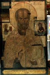 ""esitys Pyhästä Nikolauksesta Myrasta tai Barista (270-345)"" Venäjän ikoni. Maalausta puulle 1300-luvun lopulta. Valtion Tretjakovin galleria, Moskova