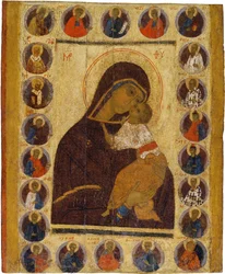 Venäläinen ikoni : Our Lady of Helness ja valittujen pyhien kanssa. Tempera paneelissa, 1400-luvun toinen puolisko, Historian ja taiteen museo, Suzdal