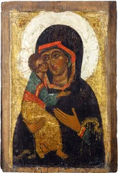 Venäläinen ikoni: Vladimirin neitsyt. Tempera paneelissa, 1400-luvun ensimmäinen puolisko, Historian ja taiteen museo, Suzdal