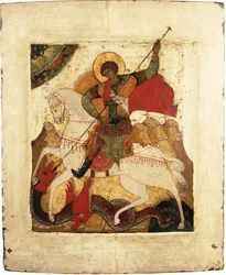 Pyhä Yrjö ja lohikäärme - venäläinen ikoni. Tempera paneelissa, 1500-luvun alku. Mitat : 31,5x26,5 cm Ikonen Museum Recklinghausen