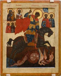 Pyhä Yrjö ja lohikäärme, useiden pyhimysten ympäröimänä - Venäjän ikoni: Pyhä Yrjö valittujen pyhien kanssa. Tempera paneelissa