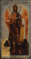 Pyhä Johannes Kastaja, Aavikon enkeli (John The Baptist, Enkeli Widerness). Venäläinen ikoni, munamaali ja tempera puulle, 1500-luvun loppu. Muinainen venäläinen taide. Valtion Tretjakovin galleria, Moskova