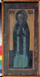 Pyhä Zosimus Solovkilainen (kuoli 1478). Venäläinen ikoni, monivärinen veistetty puu, 1500-luvun puoliväli. Vanha perinteinen venäläinen taide pohjoisesta. Alueellinen taide- ja taidemuseo, Smolensk (Venäjä).
