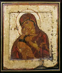 Vladimirin Jumalanäiti, venäläinen ikoni, Pihkovan koulu, 1400-luvun loppu (tempera paneelissa)