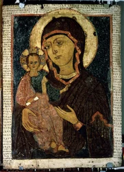 ""Neitsyt Hodegetria (Hodigitria)"" Neitsyt Maria ja Jeesus-lapsi, jonka haloon on merkitty risti. Venäjän ikoni. Maalausta puulle 1200-luvun lopulta. Valtion Tretjakovin galleria, Moskova