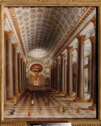 Sisäkuva Kazanin katedraalista Pietarissa. Venäläisen mestarin maalaus, öljy kankaalle, 1800-luvun alku. venäläistä taidetta. Valtion Tretjakovin galleria, Moskova.