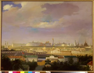 Näkymä Moskovan Kremliin Mars-aukiolta (Bolotnaja). Nimetön maalaus, öljy kankaalle, 1800-luvun puoliväli. Venäläinen taide, uusklassismi. Valtion historiallinen museo, Moskova.