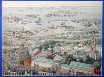 Näkymä Pyhän Sergiuksen (Trinite-Saint-Serge) kolminaisuuslavran luostarista Sergiev Posadissa pääsiäiskulkueessa Moskovasta. (Näkymä Sergiuksen kolminaisuuslavrasta Sergiyev Posadissa pääsiäiskulkueen kanssa Moskovasta). Mestarin työ r