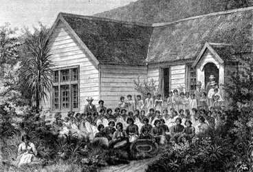 Mission School for Maori, kuvitus teoksesta "Paluu maailmaan" (kaiverrus)