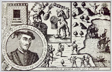 Juan de Grijalvan johtamat espanjalaiset laskeutuvat Yucatanille ja taistelevat Maya-sotureiden kanssa Champotonin taistelussa toukokuussa 1518 (litho)