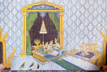 Fresko, joka kuvaa kohtausta Buddhan elämästä, Wat Phra That Doi Suthep -temppeli.