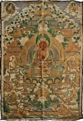 Amitabha (puhtaan maan buddha) - Tiibetin maalaus, pigmentit ja kulta kankaalla, 1800-luvun loppu, 74x51 cm - (Amitayus Buddha Thangka, Tiibetin kulttuuri, Pigmenttejä ja kultaa tekstiileissä, 1800-luvun loppu) - Yksityiskokoelma