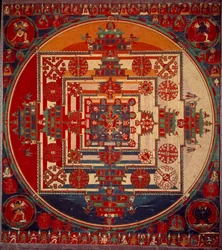Mandala de Vajravarami jumalatar tanssii (keskellä) sen nimi tarkoittaa "" adamantine laie "". Tiibet 1800-luku. Pariisi, Musee Guimet