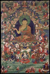 Shakyamuni Buddha - Tiibetin kulttuuri - 1700-luku - Mineraalipigmentti puuvillalla - 70,5x47 - Rubin Museum of Art, New York