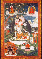 Bodhisattva Avalokitesvara Padmapani istuu, tanka tai thangka (buddhalainen lippu), Tiibetin sivilisaatio