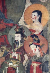 Tiibetin kulttuuri: Tejaprabha Buddha, jota ympäröivät planeettajumalat. Tempera silkillä, koko: 104x67, 1100-luvun alku, Valtion Eremitaaši, Pietari