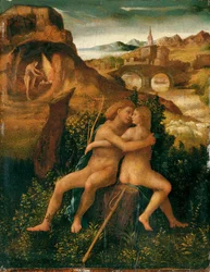 Venus ja Mars jokimaisemassa Vulcanin työskennellä takossaan, n. 1500 (öljy paneelissa)