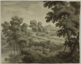 Italianate maisema, jossa on linna, puut ja vesi etualalla