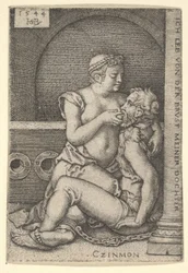 Cimon istuu oikealla olevaa pylvästä vasten ja imee Peroa, joka polvistuu hänen vieressään, 1544.