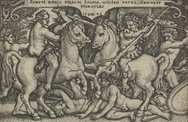 Hercules sieppaa Iolen, teoksesta The Labors of Hercules, 1544.