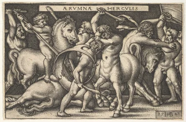 Hercules mailansa kanssa keskellä taistelee kentauria vastaan, muut miehet taistelevat kentaureja vastaan vasemmalle..., 1542.