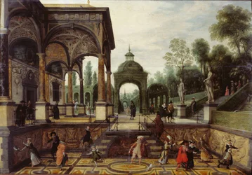 Italialainen puutarha gallerioilla ja hahmoilla, 1600-luvun ensimmäinen kolmannes..