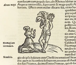 Noita kutsuu kolmipäisen demonin, vuodelta 1550 Sebastian Munsterin Cosmographia (puupiirros)