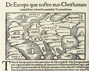 "De Europa, quae nostra aeuo Christianum" on kristillisen Euroopan kartta, vuodelta 1550 Sebastian Munsterin "Cosmographia" (puupiirros)