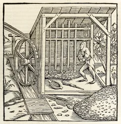Kaivostyötä vesipyörällä, vuodelta 1550 Sebastian Munsterin Cosmographia (puupiirros)